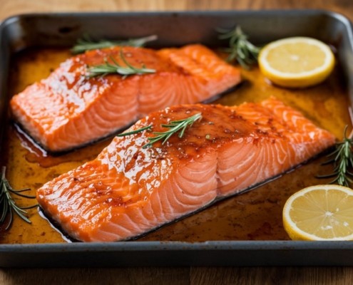 Salmon dinner in a pan with lemons and sage