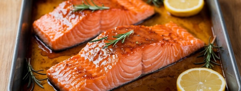 Salmon dinner in a pan with lemons and sage
