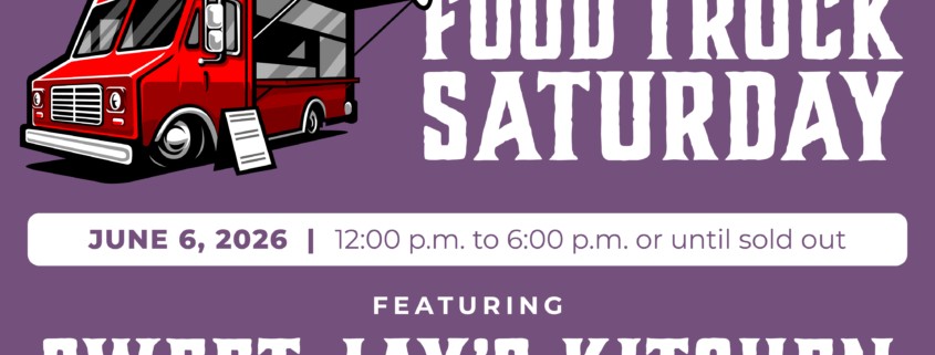 Purple promotional graphic featuring a red food truck illustration and bold text that reads: “WSCW Presents Food Truck Saturday.” Event details: June 6, 2026, from 12:00 p.m. to 6:00 p.m. or until sold out. Featuring Sweet Jay's Kitchen