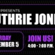 Promotional Graphic reading WSCW presents Guthrie Jones, Saturday September 5 Join Us 4-7PM