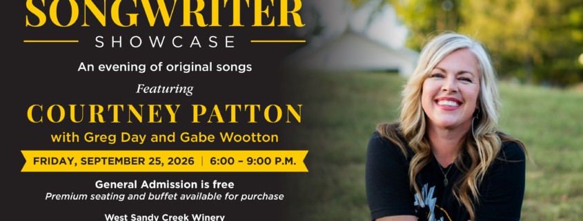 Flyer for a music event featuring Texas songwriter Courtney Patton with Greg Day and Gabe Wootton, Friday, September 25th, 2026 at 6:00pm. Off to the right there is an image of Courtney Patton, a blonde woman, smiling as she sits in a field of grass.