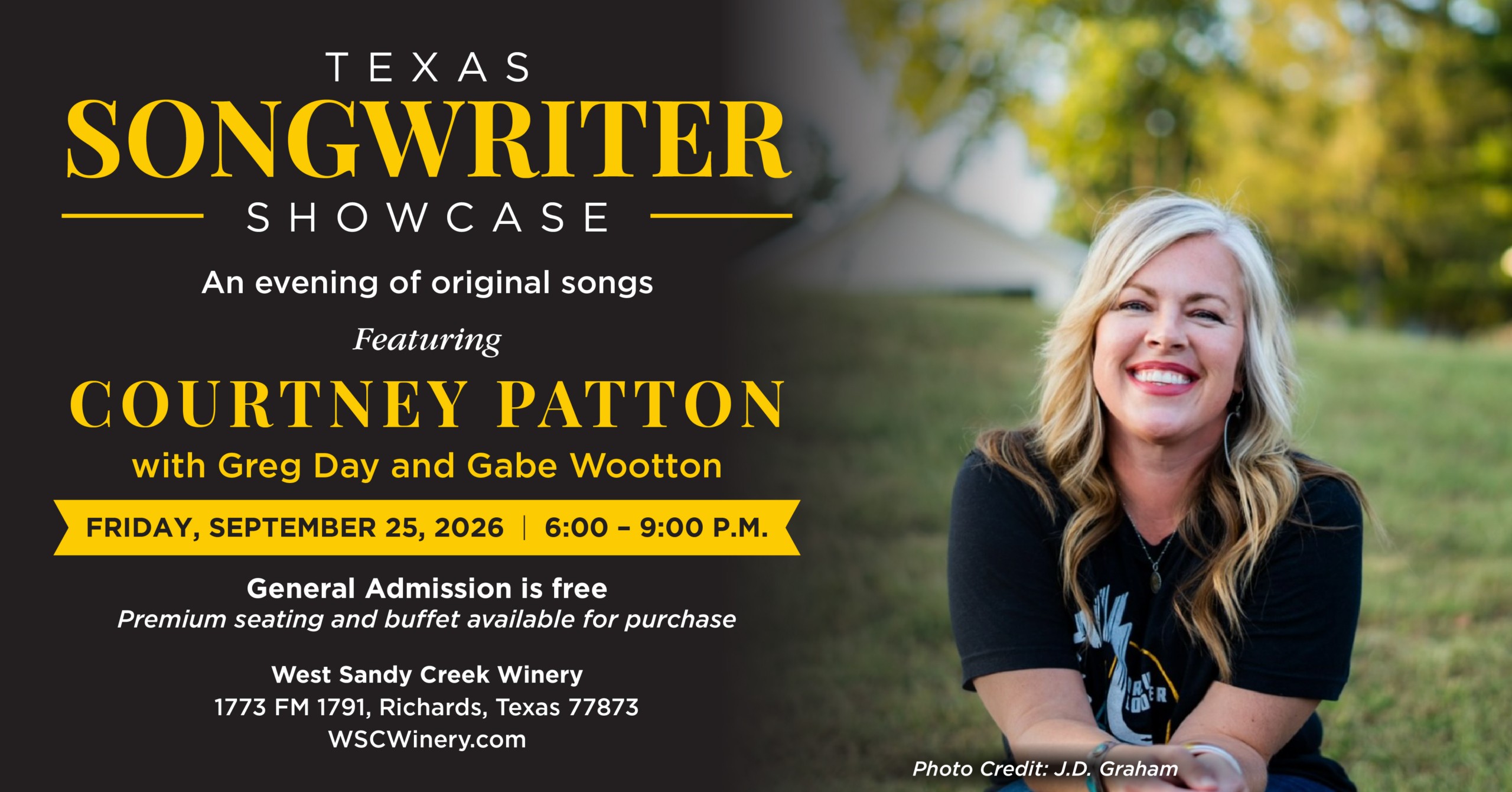 Flyer for a music event featuring Texas songwriter Courtney Patton with Greg Day and Gabe Wootton, Friday, September 25th, 2026 at 6:00pm. Off to the right there is an image of Courtney Patton, a blonde woman, smiling as she sits in a field of grass.