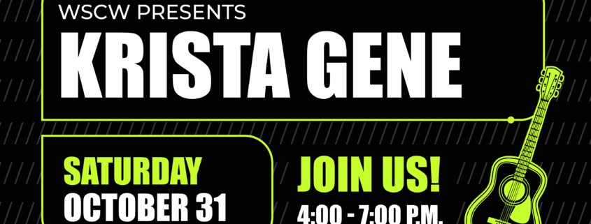A black and yellow flyer for a live music event on October 31, 2026, 4-7pm. WSC Winery presents Krista Gene.