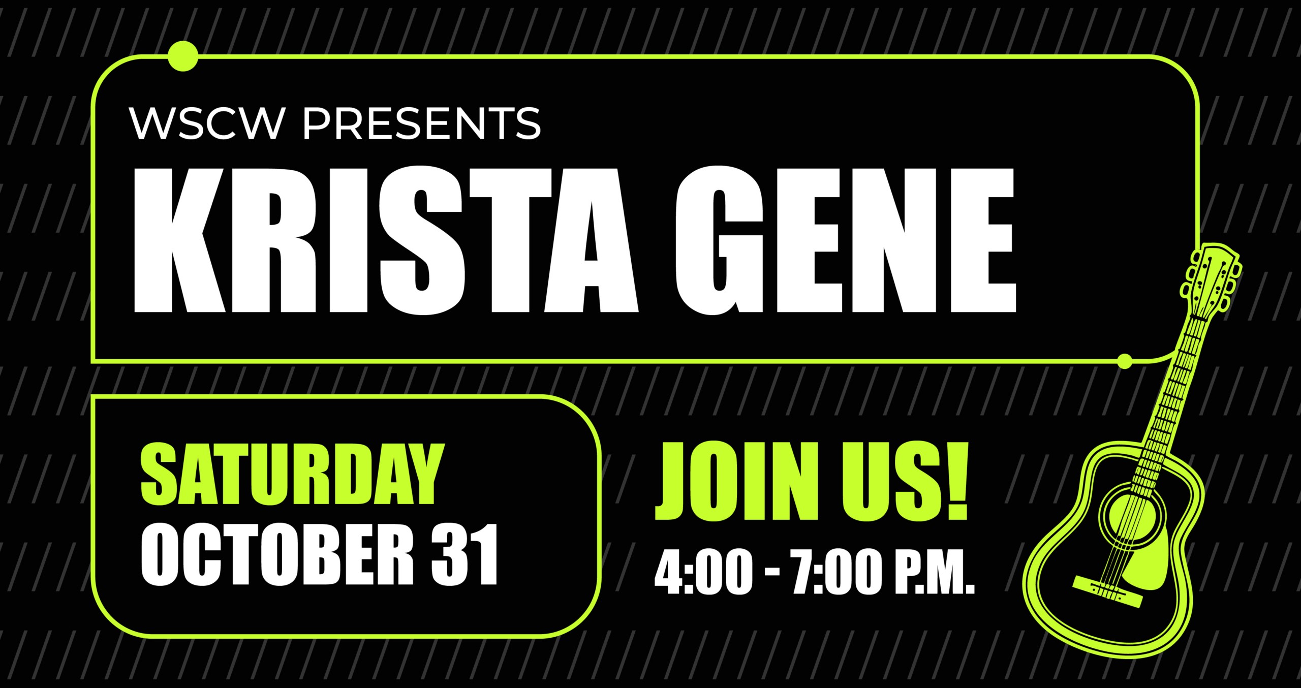 A black and yellow flyer for a live music event on October 31, 2026, 4-7pm. WSC Winery presents Krista Gene.