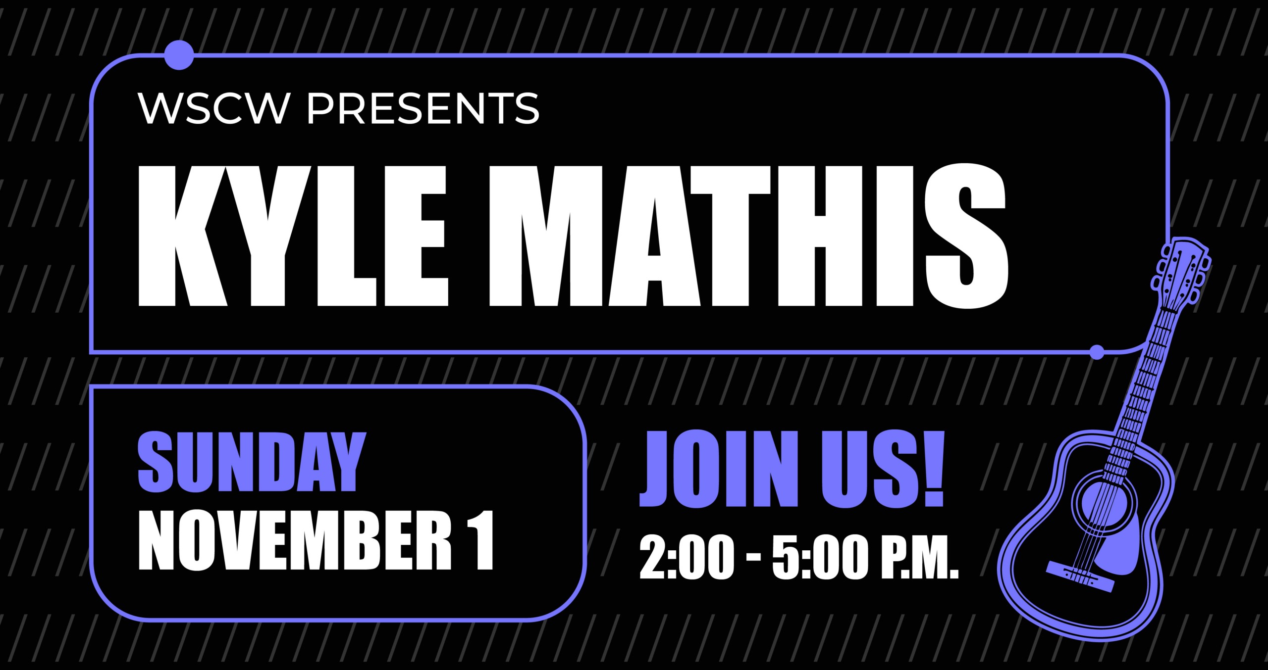 A black and purple flyer for a live music event on November 1, 2026, 2-5pm. WSC Winery presents Kyle Mathis.