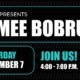 A black and blue flyer for a live music event on November 7, 2026, 4-7pm. WSC Winery presents Aimee Bobruk.