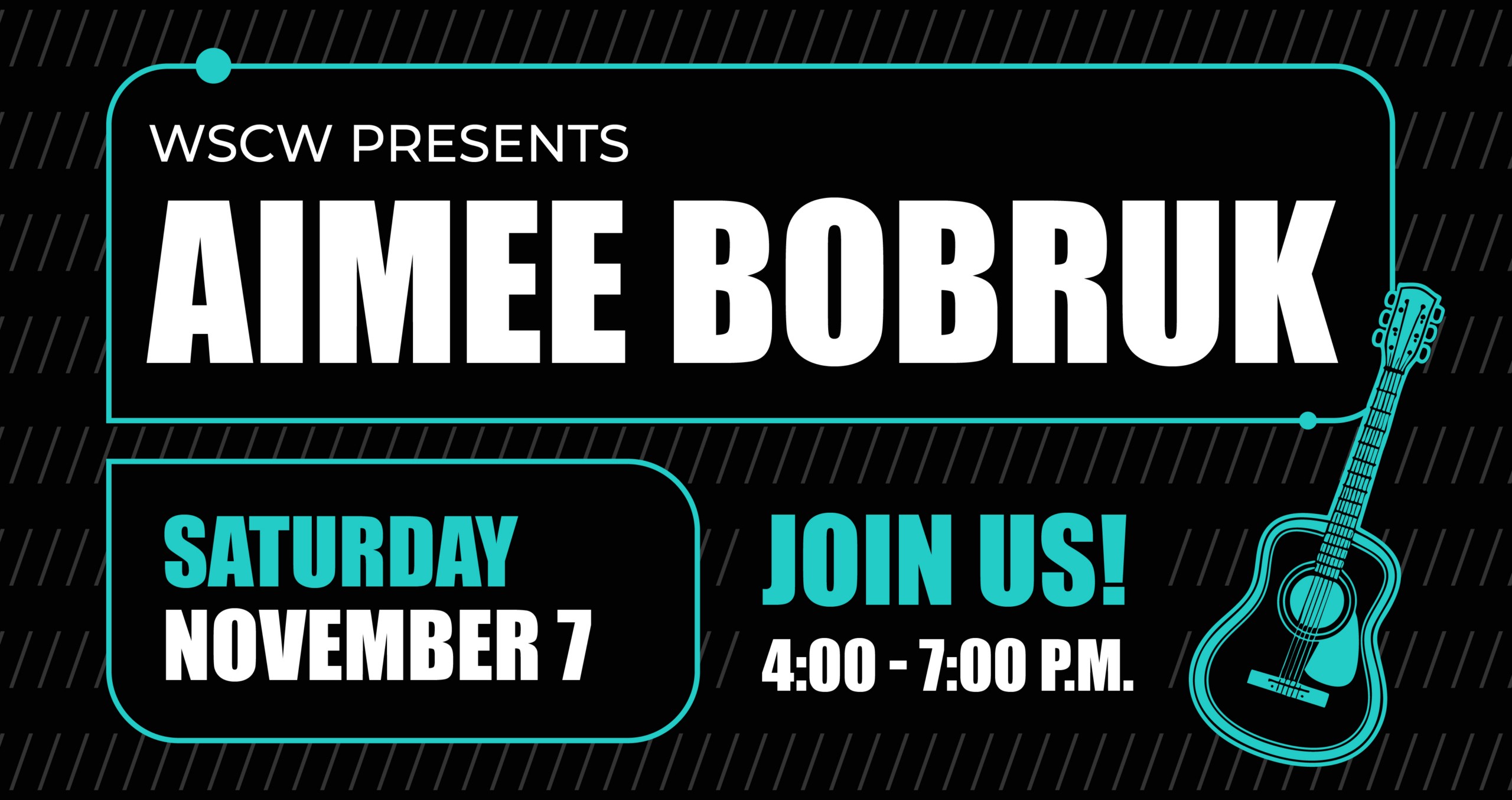 A black and blue flyer for a live music event on November 7, 2026, 4-7pm. WSC Winery presents Aimee Bobruk.