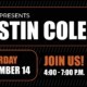 A black and orange flyer for a live music event on November 14, 2026, 4-5pm. WSC Winery presents Justin Cole.