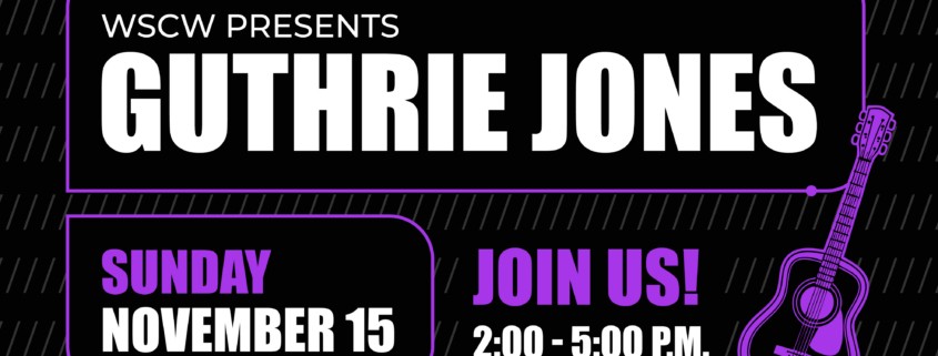 A black and purple flyer for a live music event on November 15, 2026, 2-5pm. WSC Winery presents Guthrie Jones.